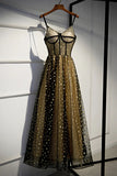 Charming Spaghetti Straps Sweetheart Black Tulle Prom Dresses with Stars, Party Dresses P1353
