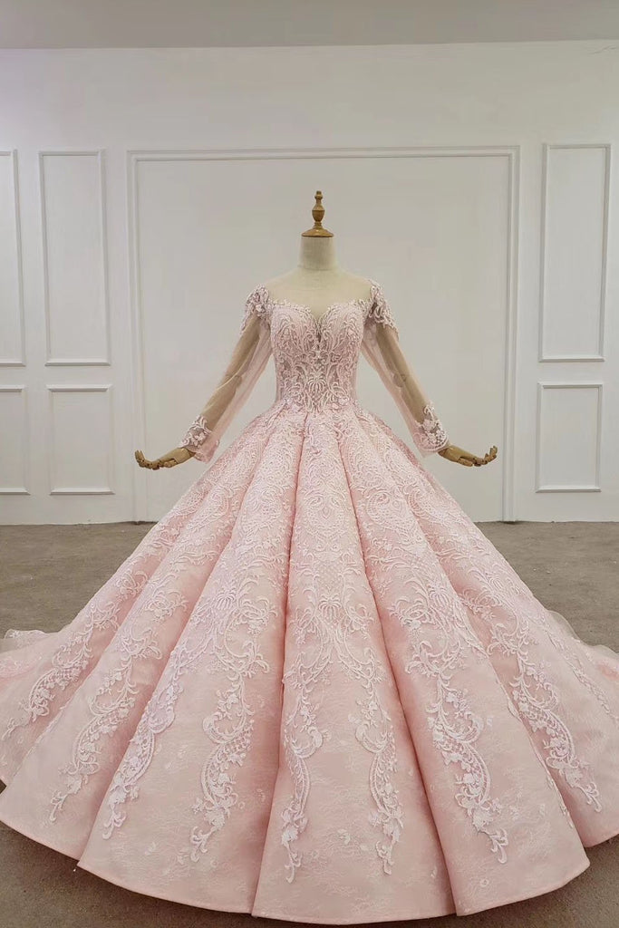 Elegant Ball Gown Pink Long Sleeves Appliques Prom Dresses, Quinceanera Dresses P1526