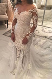Long Sleeve Sparkly Mermaid V Neck Beads Wedding Dresses With Applique W1153