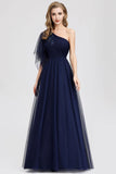 Simple A Line One Shoulder Navy Blue Tulle Prom Dresses Cheap Formal Dresses P1175