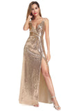 A Line Spaghetti Straps Sequins V Neck Backless Prom Dresses with Side Slit Formal Dress P1180