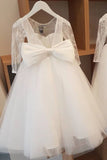 Ball Gown Lace Long Sleeves Flower Girl Dress With Bowknot Back Round Neck Baby Dress FG1015