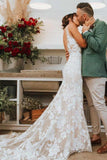 Elegant Mermaid Lace Appliques Straps V Neck Ivory Wedding Dresses, Beach Wedding Gowns W1219