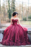 Charming A Line Burgundy Sleeveless Tulle Appliques Long Prom Dress