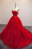 Generous Red Tulle Strapless Floral Quinceanera Ball Gown Prom Dresses