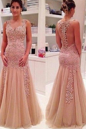 Sexy Mermaid V-Neck Champagne Backless Long Prom Dresses PM645