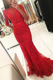 Graceful Red Beaded Lace Long Half Sleeve Backless Floor Length Mermaid Prom Dresses