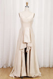 Unique A Line High Low Satin V-Neck Prom Dress Evening Dress with Pleats P1558