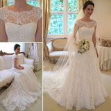 Long A Line Round Neck Illusion White Lace Wedding Party Dress