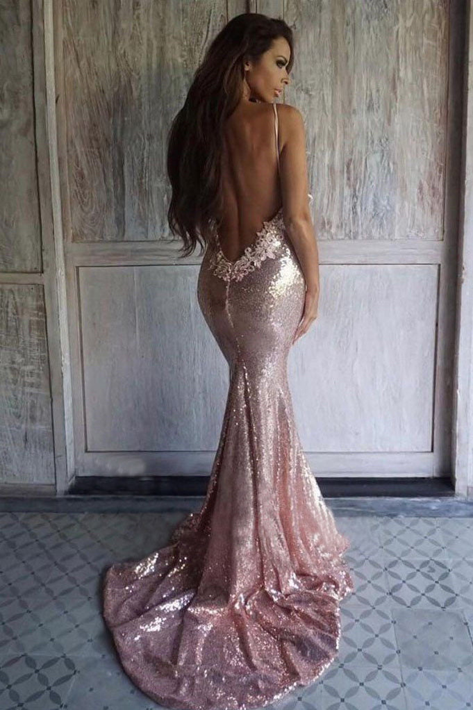 Sexy Rose Gold Sequins Mermaid Long Prom Dress Spaghetti Straps Backless Party Dress P1260