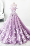 Ball Gown Off the Shoulder V Neck Tulle Lavender Beads Prom Dresses, Quinceanera Dresses P1427