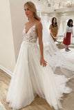 Elegant A line Spaghetti Straps V Neck Tulle Wedding Dresses, Wedding Gowns W1255