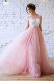 New Arrival Princess Scoop Neck Tulle with Appliques Lace Floor-length Pink Prom Dresses uk PM630