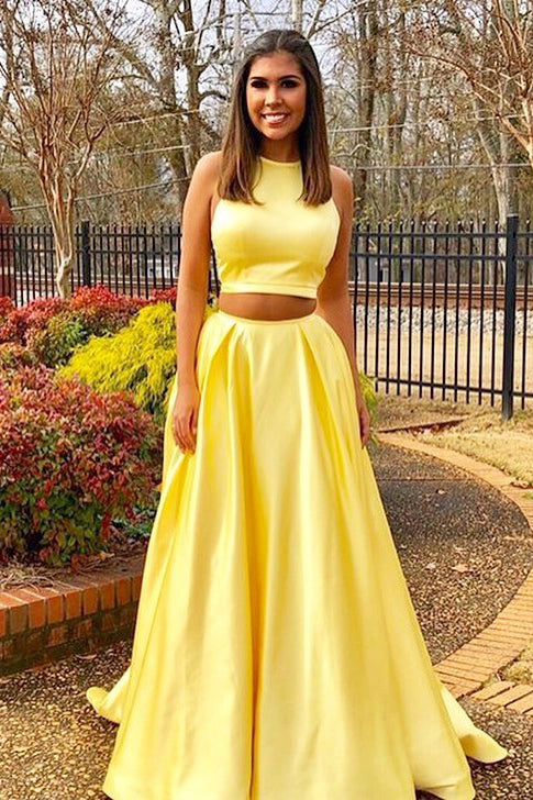 Simple Two Pieces Yellow Long Satin Sleeveless High Neck Prom Dresses UK with Pockets PH288