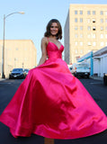 Cute A Line Deep V-Neck Lace-up Pink Satin Long Prom Dresses