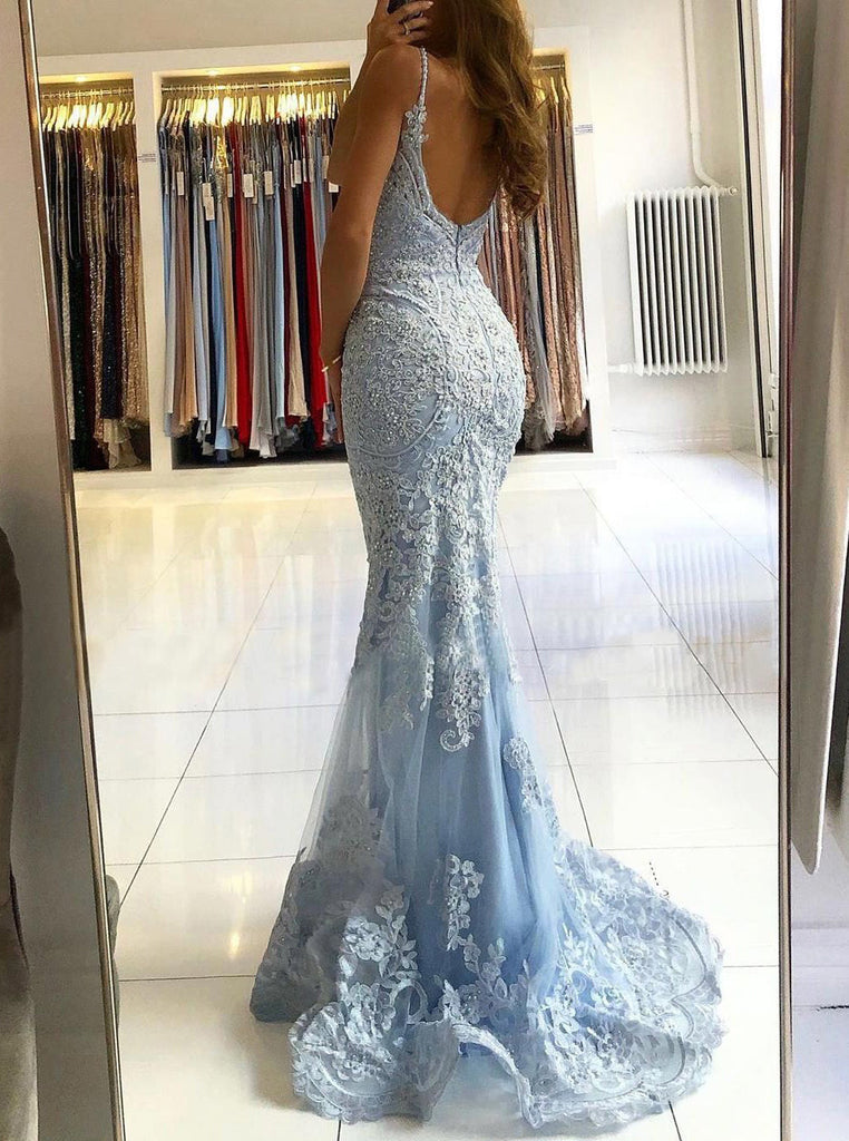 Elegant Mermaid V-Neck Light Blue Lace Prom Dresses Evening Gowns