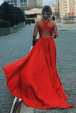 A Line Red V-Neck Criss Cross Satin Prom Dress Long Evening Dress P1560