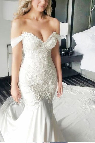 Mermaid Off-the-Shoulder White Lace Long Cheap Sweetheart Backless Plus Size Wedding Dress PM619
