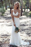 Sexy Spaghetti Straps Mermaid Lace Ivory Wedding Dresses, V Neck Beach Wedding Gowns W1177