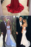 Fabulous Two Piece Red Halter Sleeveless Sweep Train Beading Prom Dress