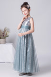A Line Silver Sequins Sleeveless Flower Girl Dress