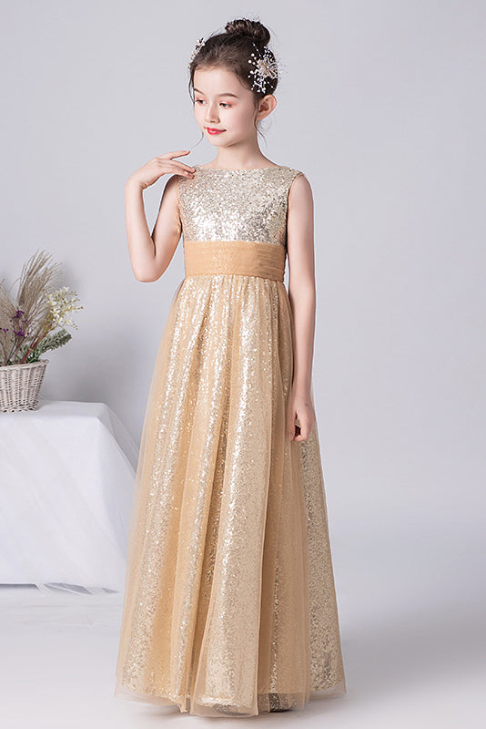 A Line Gold Sleeveless Flower Girl Dress