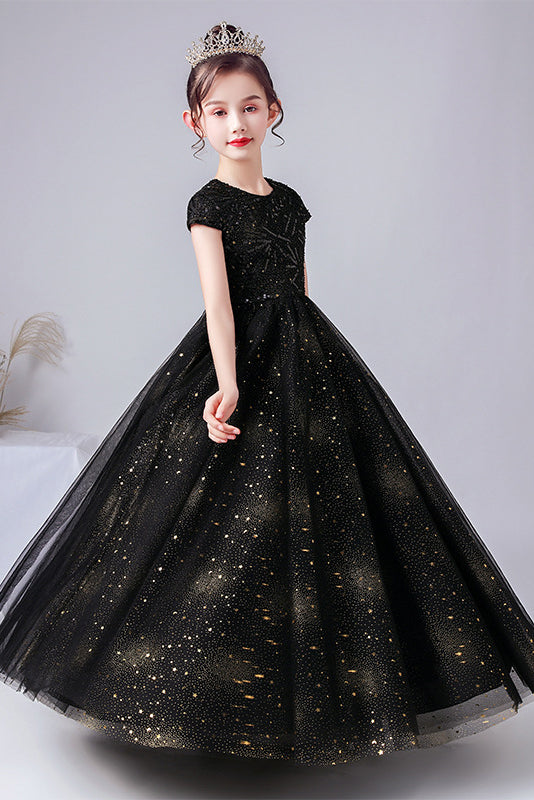 A Line Black Short Sleeve Flower Girl Dress