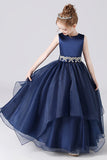 Navy Blue Stain Sleeveless Floor Length Flower Girl Dress