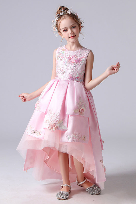 Pink Sleeveless Round Neck Appliques Flower Girl Dress