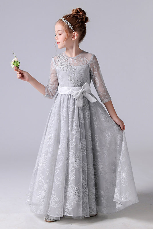 Elegant Appliques Long Sleeve Flower Girl Dress With Bow