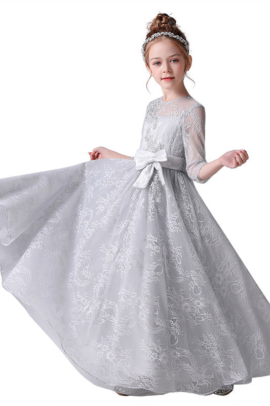 Elegant Appliques Long Sleeve Flower Girl Dress With Bow