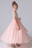 Cute Pink Tulle Sequins Flower Girl Dress With Belt
