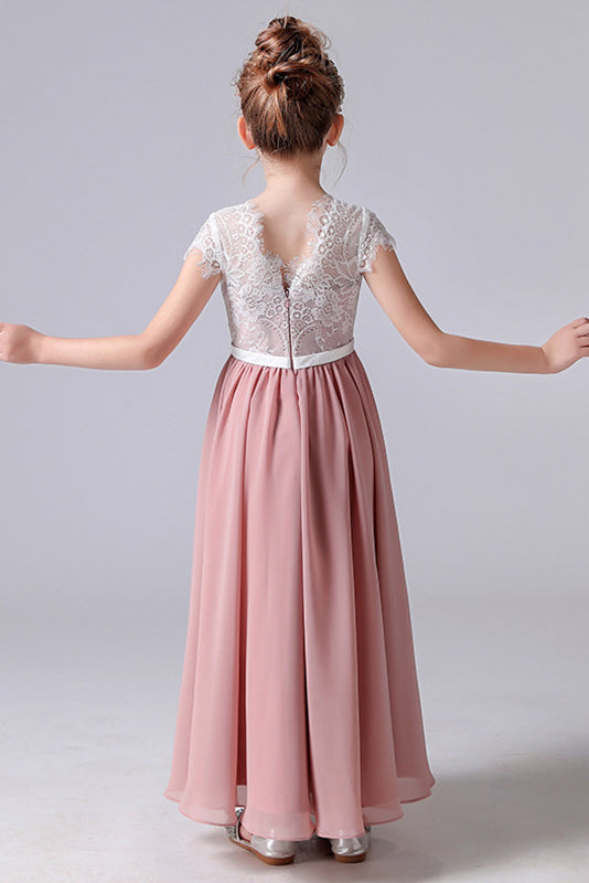 A Line Cap Sleeve Lace Appliques Chiffon Flower Girl Dress
