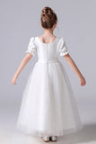 A Line White Tulle Princess Flower Girl Dress With Blet