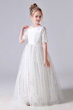 Short Sleeve tulle Princess Flower Girl Dress With Bow Belt