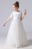 Short Sleeve tulle Princess Flower Girl Dress With Bow Belt