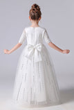 Short Sleeve tulle Princess Flower Girl Dress With Bow Belt