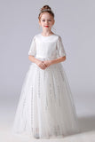 Short Sleeve tulle Princess Flower Girl Dress With Bow Belt