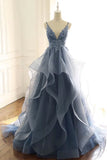 Spaghetti Straps Blue Gray Tulle V Neck Long Ruffles Prom Dresses with Lace Applique P1225