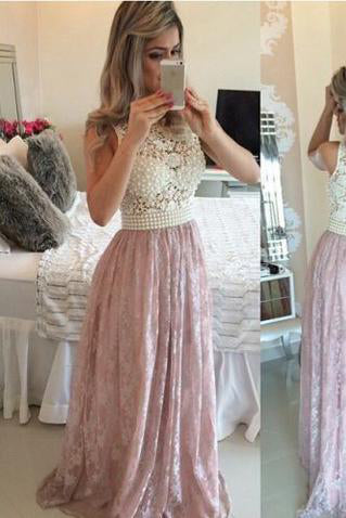 Pink Lace Beautiful Beading Long Prom Gowns Formal Dress
