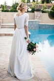 Lace A-Line Beading Ivory Scoop Chiffon Half Sleeve Floor-Length Wedding Dresses PH312