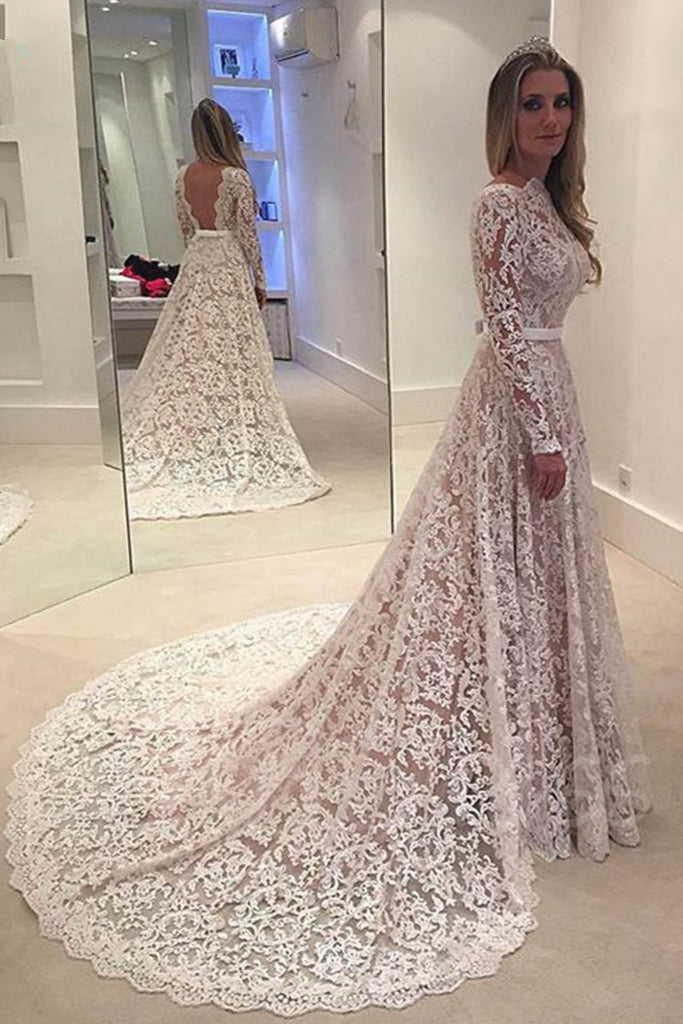 A-Line Backless Bowknot Scalloped Ivory Long Sleeve Backless Lace Wedding Dresses UK PH330