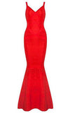Backless V-Neck Red Formal Maxi Fishtail Bandage Dress Long