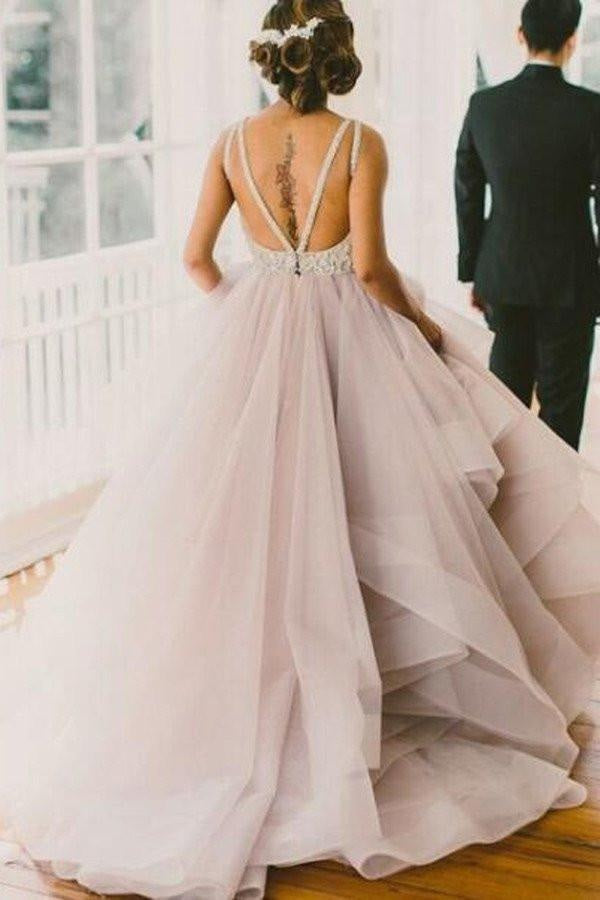 2017 A line Scoop Neckline Organza Long Custom Affordable Open Back Wedding Dresses