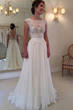 A-line Round Neckline Chiffon Lace Long Open Back Sleeves Wedding Dress