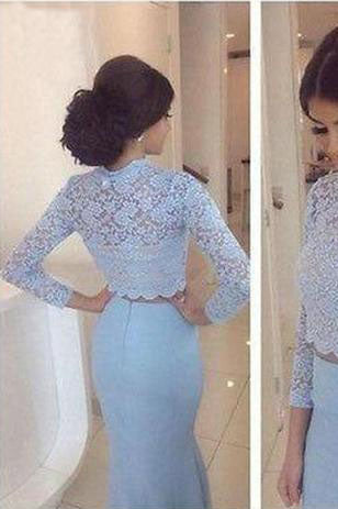 Baby Blue Lace Two Pieces Mermaid Long Sleeve Sexy Prom Dresses Dresses for Prom PD190446