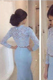 Baby Blue Lace Two Pieces Mermaid Long Sleeve Sexy Prom Dresses Dresses for Prom PD190446
