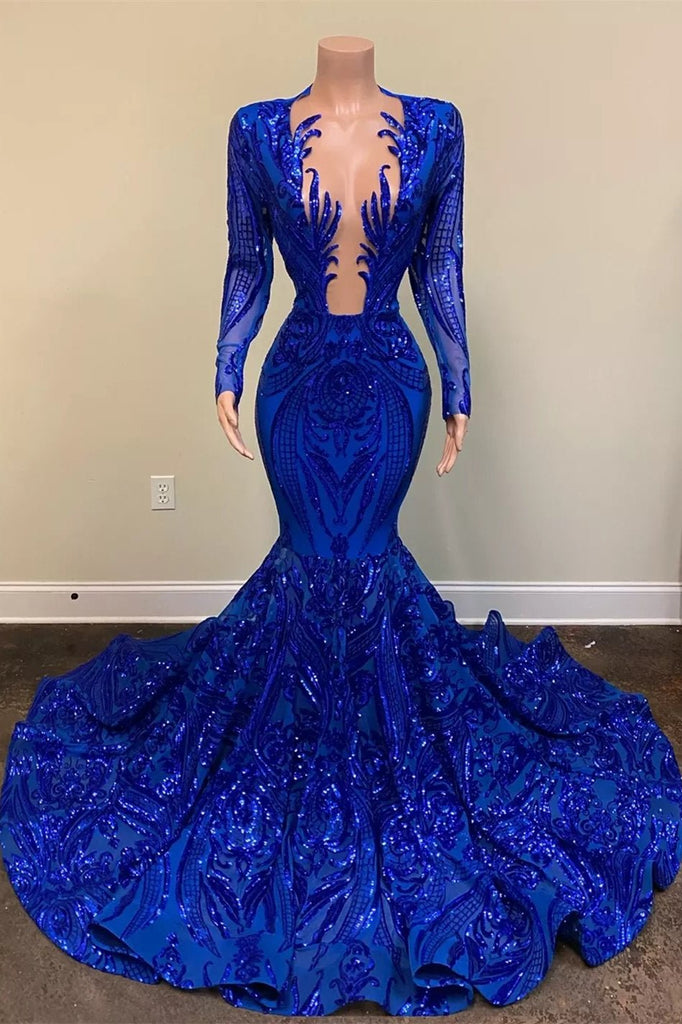 Mermaid Long Sleeve V-Neck Royal Blue Sequins Prom Dresses with Appliques PD0577