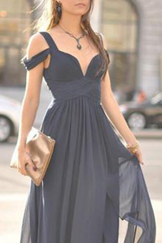 Navy Blue Chiffon Off-The-Shoulder Straps Sleeves Long Bridesmaid Gown
