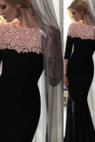 Elegant Black Floral Long Sleeves Sheath Long Prom Evening Dresses PM493